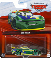 Eric Braker from the Cars 2018-2019 series, Mattel 1:55 diecast on its card