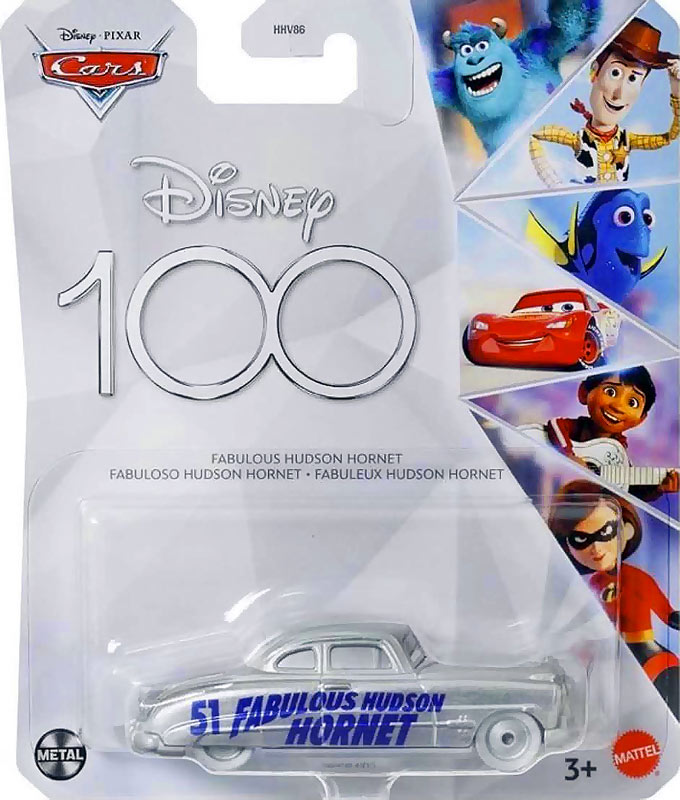 Fabulous Hudson Hornet (Disney 100) from the Cars 2023 series, Mattel 1:55 diecast on its card