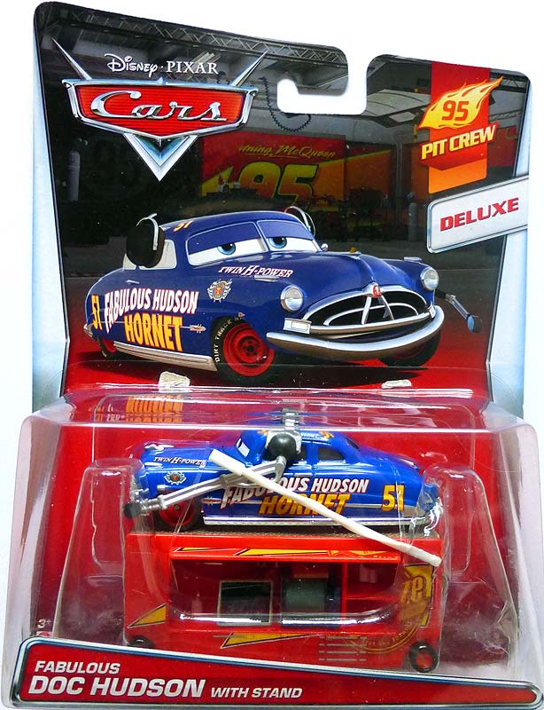Fabulous Hudson Hornet with Stand from the Cars 2015 series, Mattel 1:55 diecast on its card