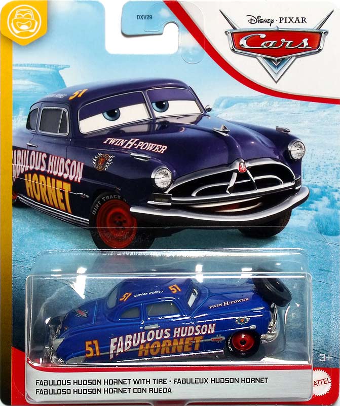 Fabulous Hudson Hornet with Tire from the Blue Desert series, Mattel 1:55 diecast on its card
