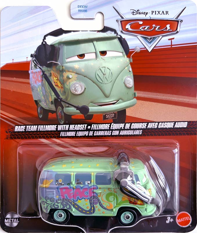 Fillmore with Headset from the Cars 2 series, Mattel 1:55 diecast on its card