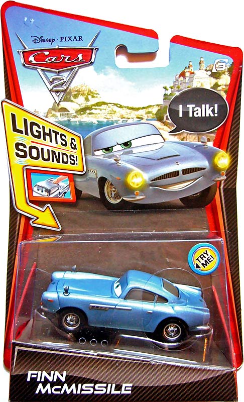 Finn McMissile (Lights & Sounds) from the Cars 2 series, Mattel 1:55 diecast on its card