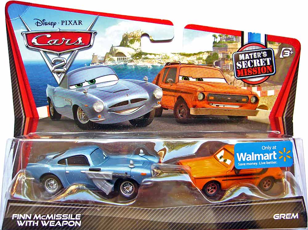 Finn McMissile with weapon from the Cars 2 series, Mattel 1:55 diecast on its card