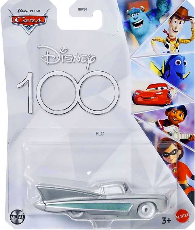 Flo (Disney 100) from the Cars 2023 series, Mattel 1:55 diecast on its card