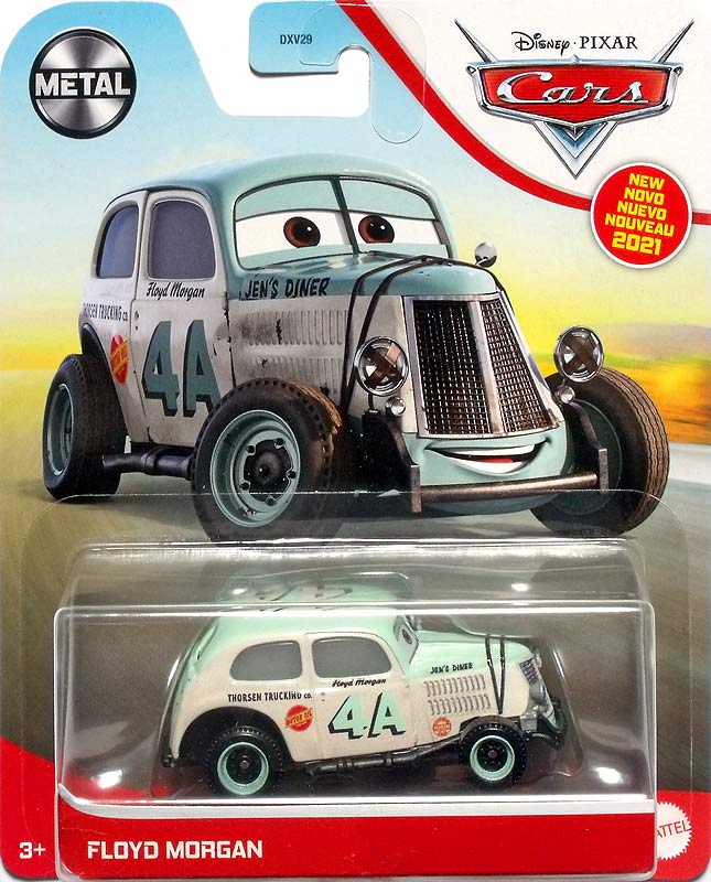 Floyd Morgan from the Cars 2021 series, Mattel 1:55 diecast on its card