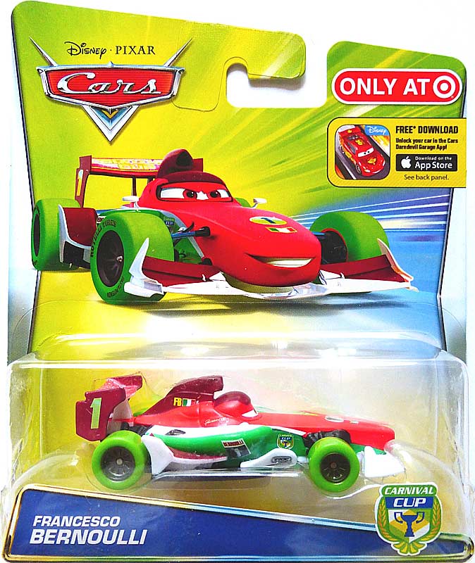 Francesco Bernoulli (Carnival Cup) from the Cars 2016 series, Mattel 1:55 diecast on its card