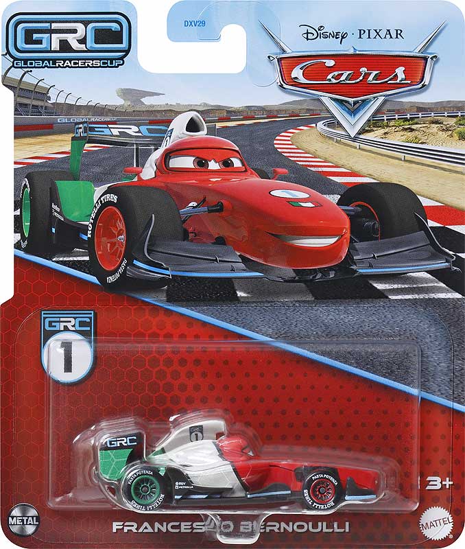 Francesco Bernoulli (GRC) from the Cars 2024 series, Mattel 1:55 diecast on its card