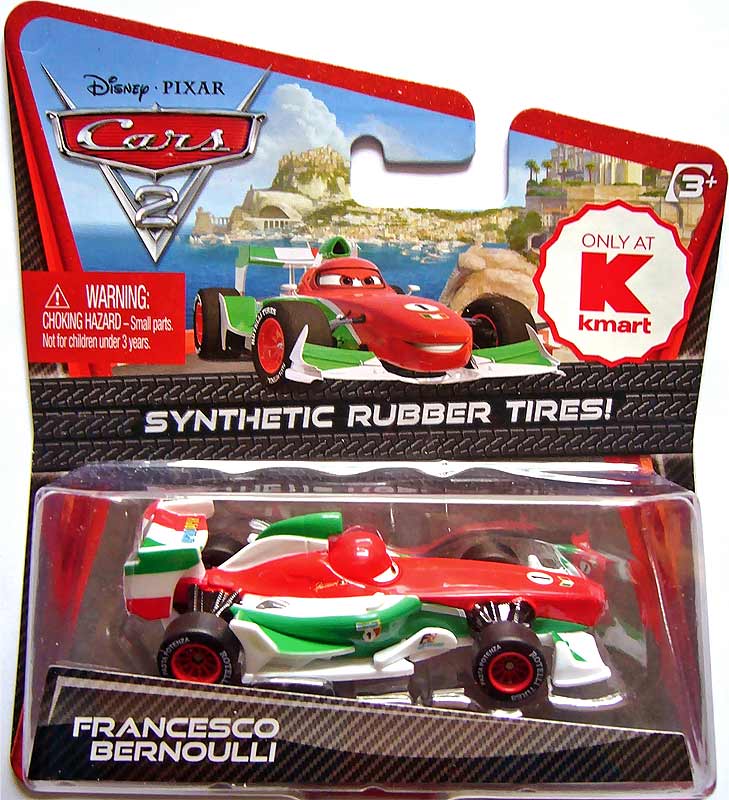 Francesco Bernoulli (rubber tires) from the Cars 2 series, Mattel 1:55 diecast on its card