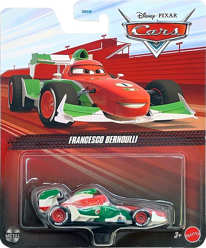 Francesco Bernoulli from the Cars 2 series, Mattel 1:55 diecast on its card