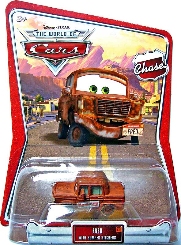 Fred with Bumper Stickers (Chase) from the World of Cars series, Mattel 1:55 diecast on its card