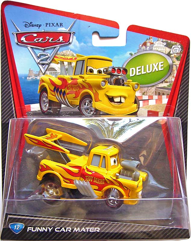 Funny Car Mater from the Cars 2 series, Mattel 1:55 diecast on its card