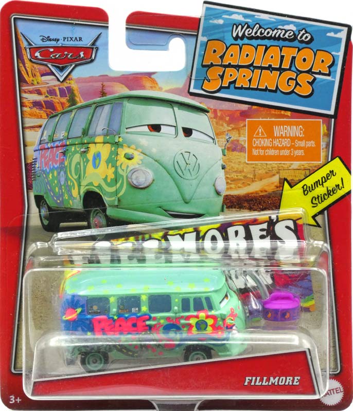 Glow-in-the-Dark Fillmore from the Radiator Springs Classic series, Mattel 1:55 diecast on its card