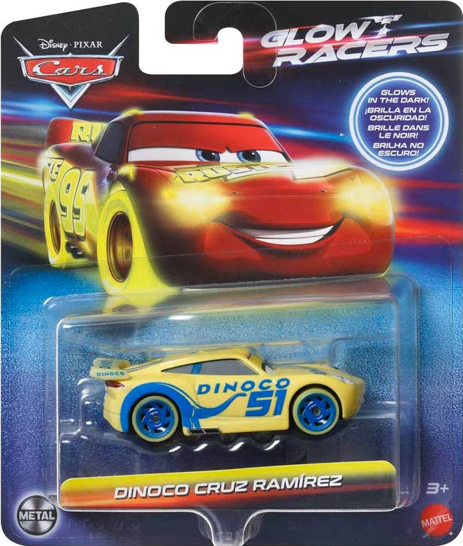 Glow Racer Dinoco Cruz Ramirez from the Cars 2023 series, Mattel 1:55 diecast on its card