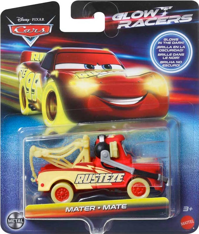 Glow Racer Mater from the Cars 2023 series, Mattel 1:55 diecast on its card