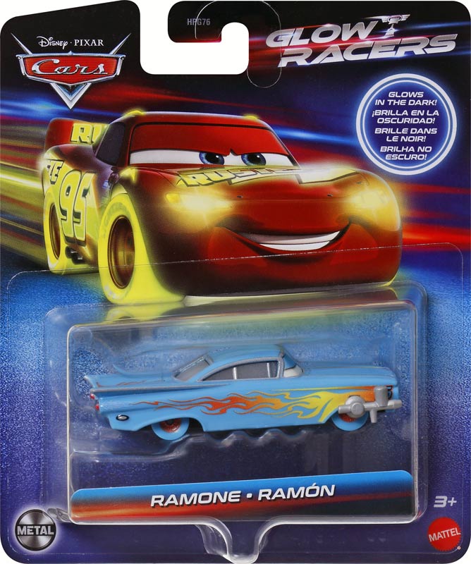 Glow Racer Ramone from the Cars 2024 series, Mattel 1:55 diecast on its card