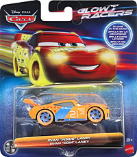 Glow Racer Ryan "Inside" Laney from the Cars 2024 series, Mattel 1:55 diecast on its card