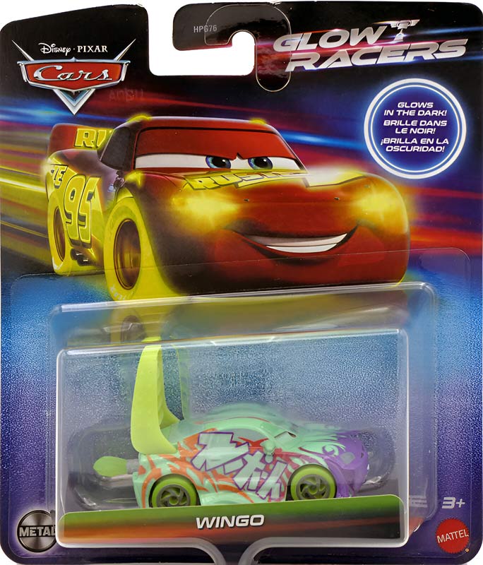 Glow Racer Wingo from the Cars 2025 series, Mattel 1:55 diecast on its card