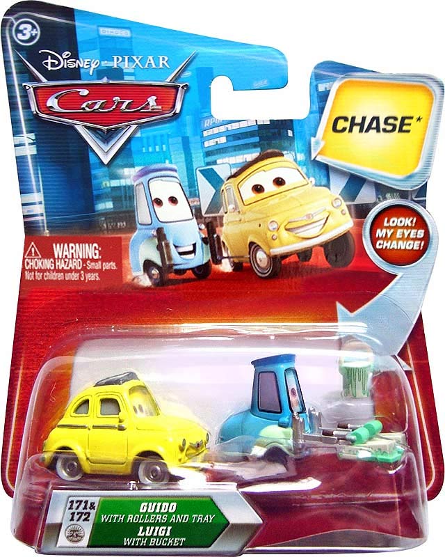 Luigi with Bucket (Chase lenticular) from the Final Lap series, Mattel 1:55 diecast on its card