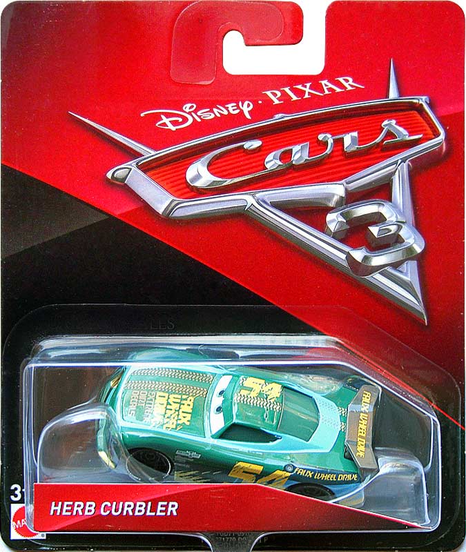Herb Curbler from the Cars 3 series, Mattel 1:55 diecast on its card