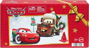 Holiday Hotshot Lightning McQueen from the Cars 2025 series, Mattel 1:55 diecast on its card