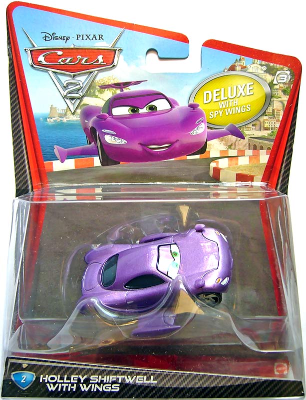 Holley Shiftwell with Wings from the Cars 2 series, Mattel 1:55 diecast on its card