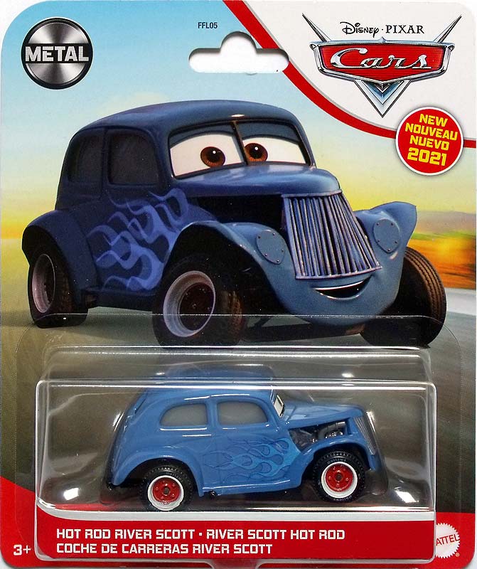 Hot Rod River Scott from the Cars 2021 series, Mattel 1:55 diecast on its card