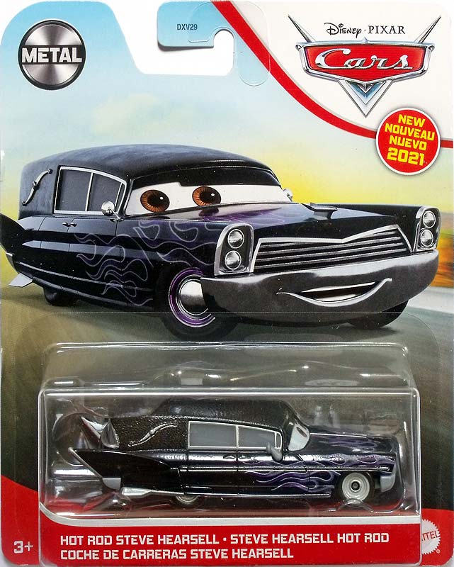 Hot Rod Steve Hearsell from the Cars 2021 series, Mattel 1:55 diecast on its card