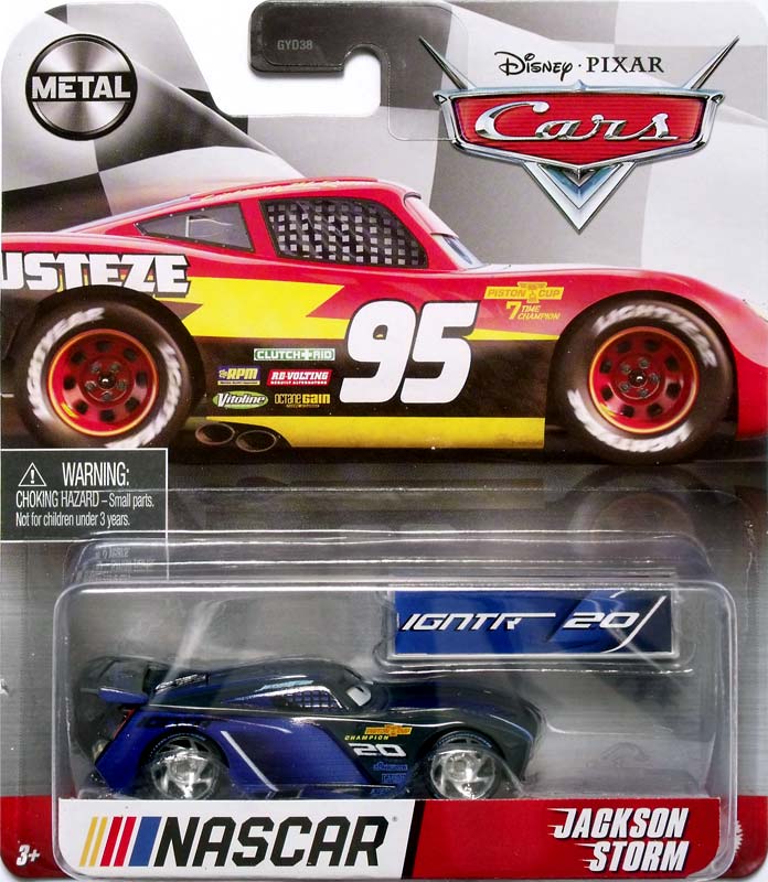 Jackson Storm (Nascar) from the Cars 2021 series, Mattel 1:55 diecast on its card