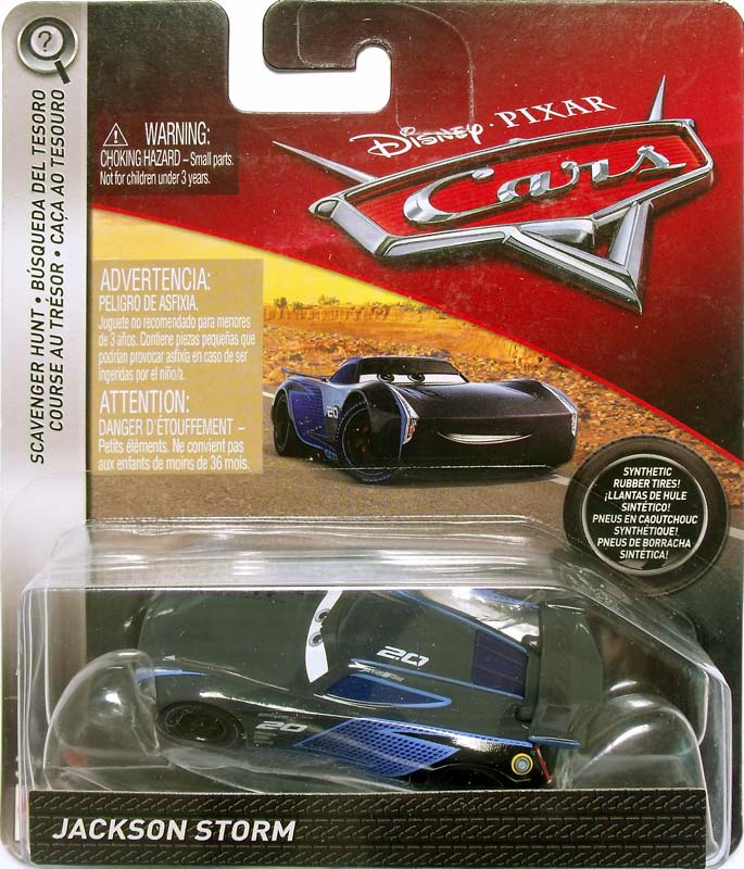 Jackson Storm (rubber tires) from the Cars 2018-2019 series, Mattel 1:55 diecast on its card