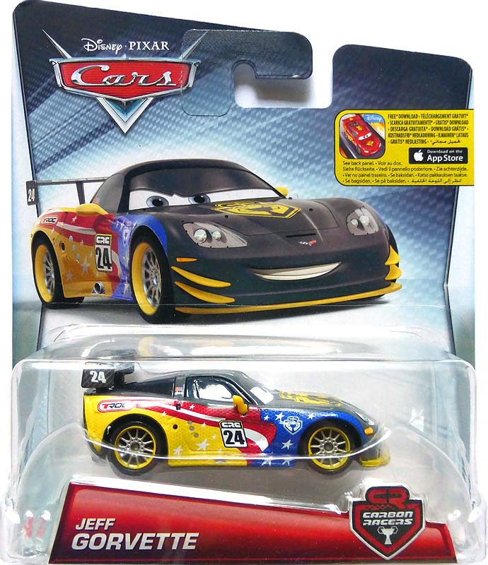 Jeff Gorvette (Carbon Racers) from the Cars 2016 series, Mattel 1:55 diecast on its card