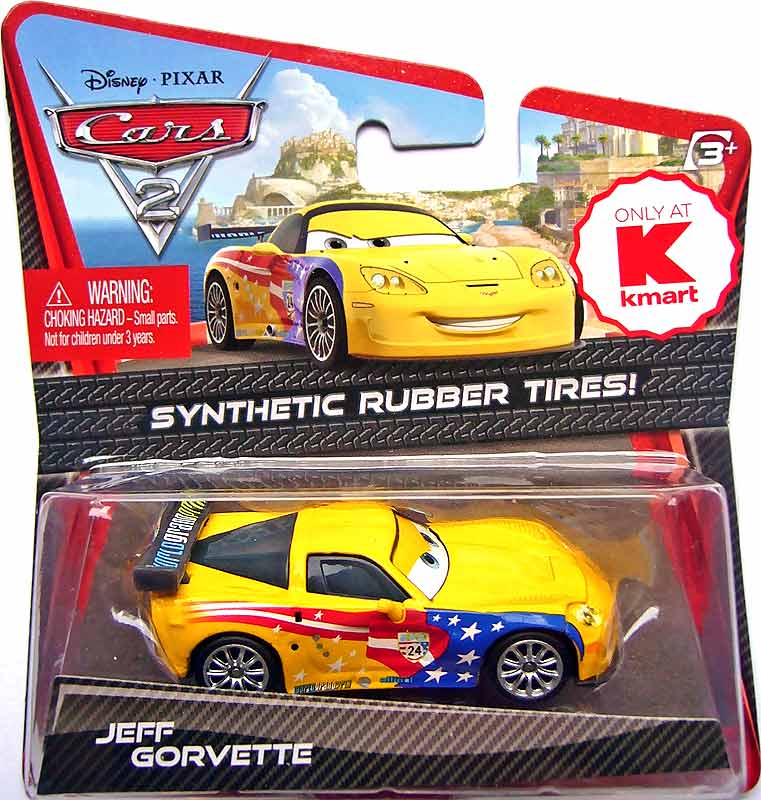 Jeff Gorvette (rubber tires) from the Cars 2 series, Mattel 1:55 diecast on its card