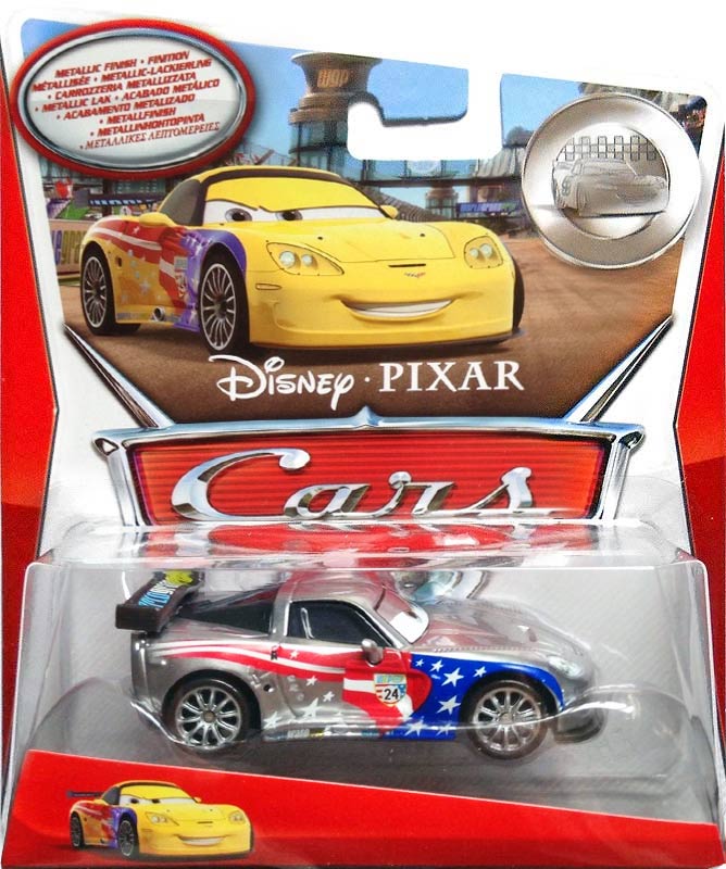 Jeff Gorvette with Metallic Finish (Silver) from the Cars 2 series, Mattel 1:55 diecast on its card