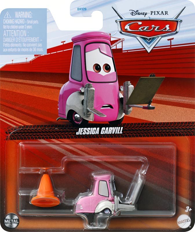 Jessica Carvill from the Cars 2024 series, Mattel 1:55 diecast on its card