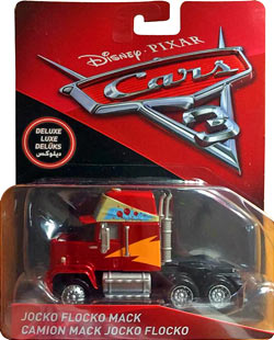 Jocko Flocko Mack from the Cars 3 series, Mattel 1:55 diecast on its card