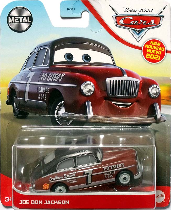 Joe Don Jackson from the Cars 2021 series, Mattel 1:55 diecast on its card