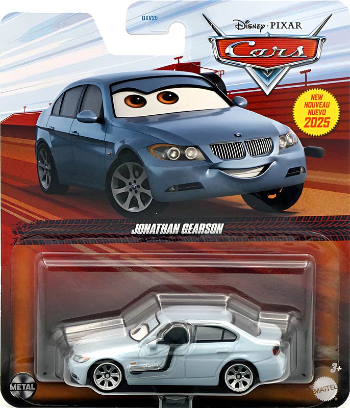 Jonathan Gearson from the Cars 2025 series, Mattel 1:55 diecast on its card