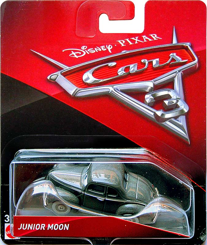 Junior Moon from the Cars 3 series, Mattel 1:55 diecast on its card