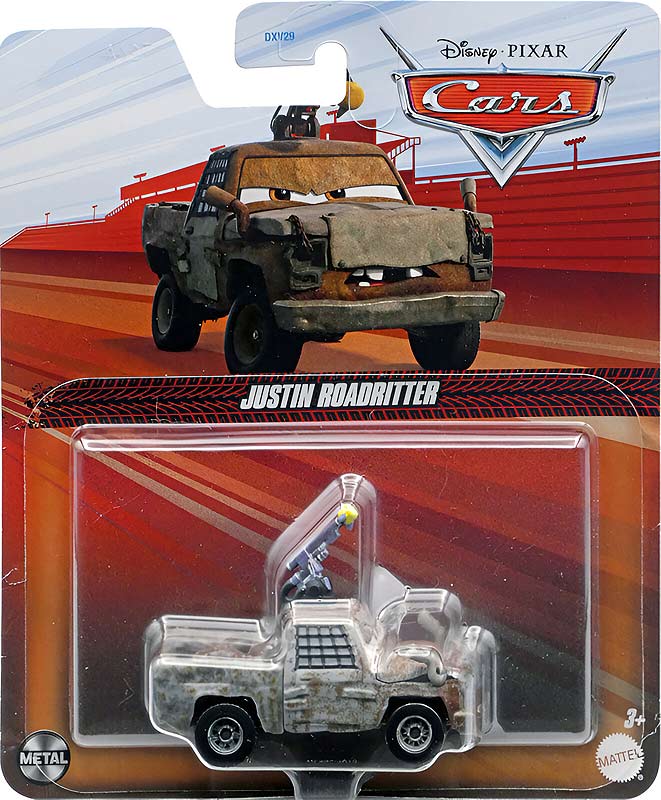 Justin Roadritter (with projectile) from the Cars 2024 series, Mattel 1:55 diecast on its card