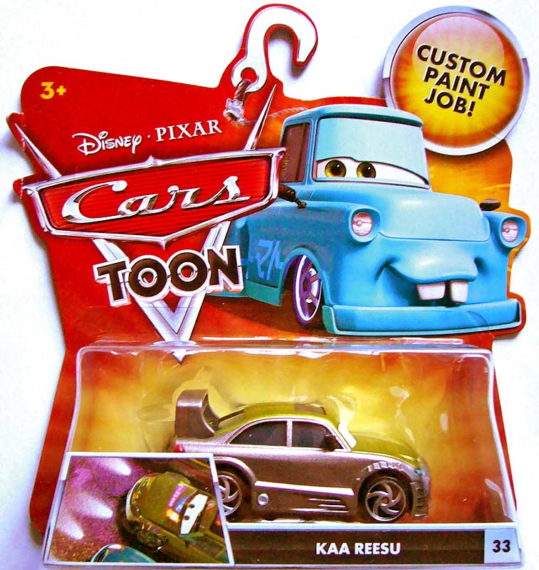 Kaa Reesu from the Cars Toon series, Mattel 1:55 diecast on its card
