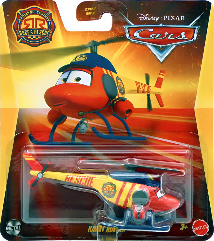 Kathy Copter (Race & Rescue) from the Cars 2025 series, Mattel 1:55 diecast on its card