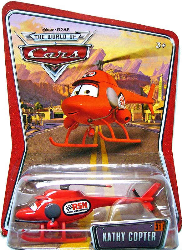 Kathy Copter from the World of Cars series, Mattel 1:55 diecast on its card