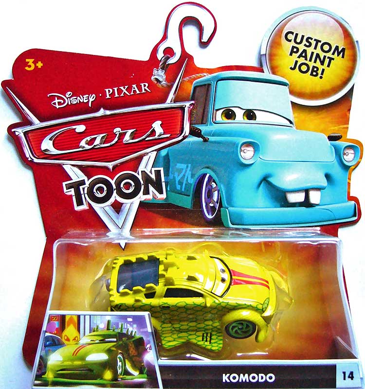 Komodo from the Cars Toon series, Mattel 1:55 diecast on its card
