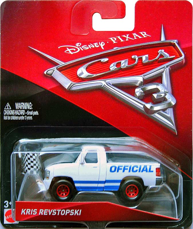 Kris Revstopski from the Cars 3 series, Mattel 1:55 diecast on its card