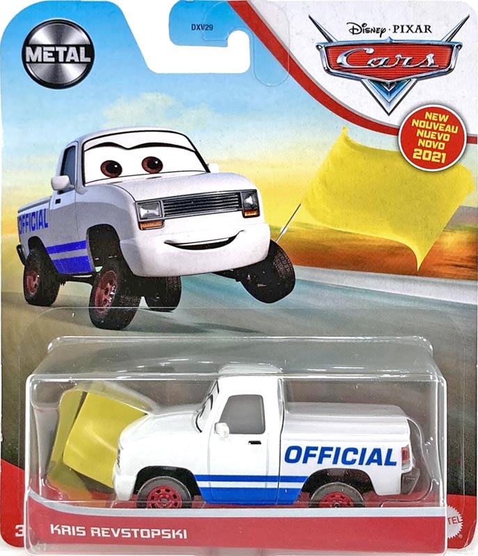Kris Revstopski (with Yellow Flag) from the Cars 2021 series, Mattel 1:55 diecast on its card