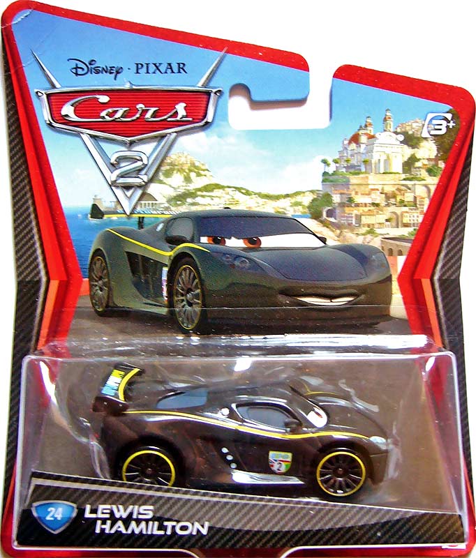 Lewis Hamilton from the Cars 2 series, Mattel 1:55 diecast on its card