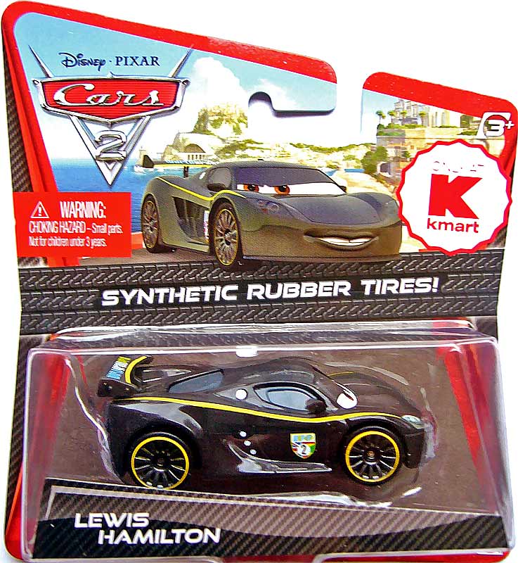 Lewis Hamilton (rubber tires) from the Cars 2 series, Mattel 1:55 diecast on its card