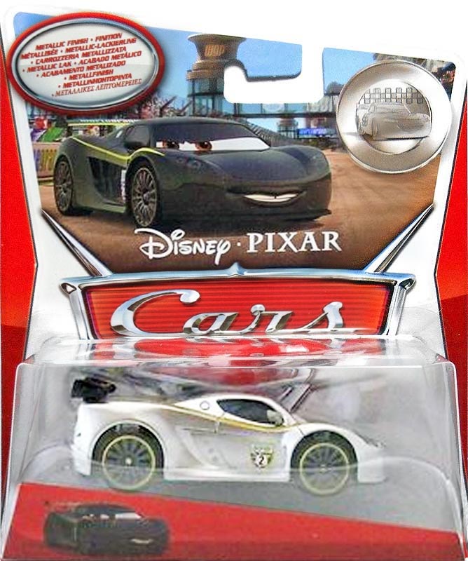 Lewis Hamilton with Metallic Finish (silver) from the Cars 2 series, Mattel 1:55 diecast on its card