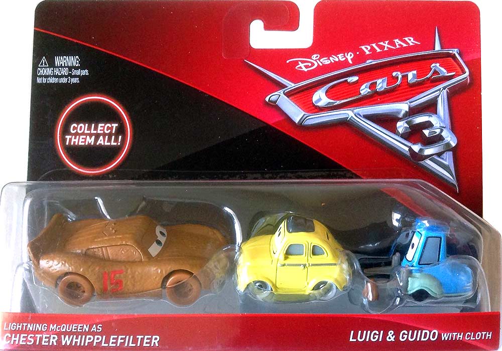 Guido with Cloth from the Cars 3 series, Mattel 1:55 diecast on its card