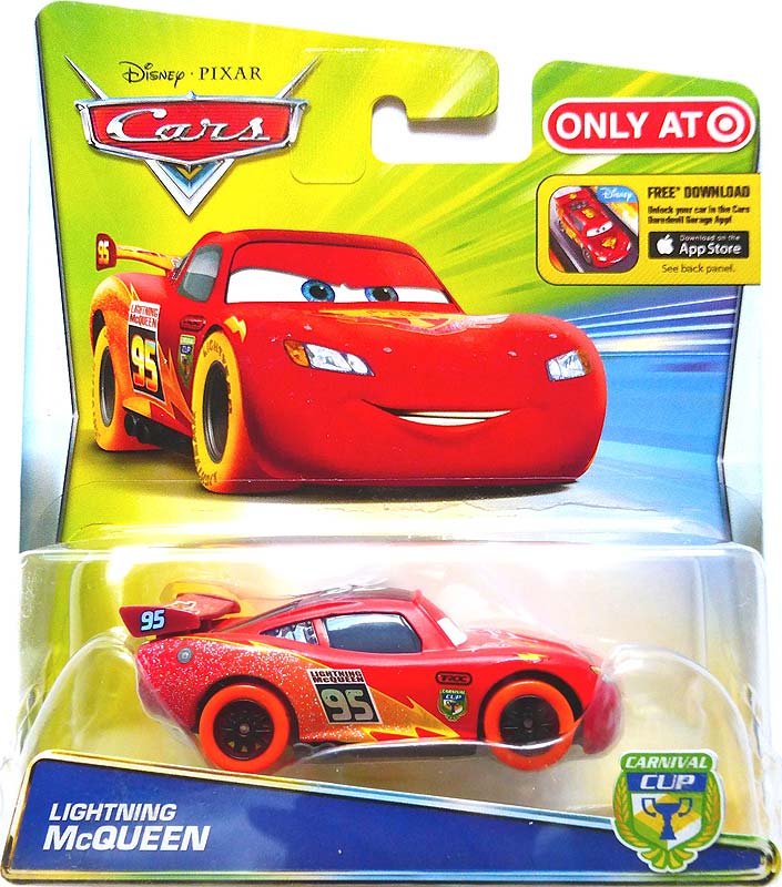 Lightning McQueen (Carnival Cup) from the Cars 2016 series, Mattel 1:55 diecast on its card