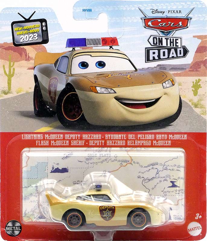 Lightning McQueen Deputy Hazard from the Cars on the Road series, Mattel 1:55 diecast on its card